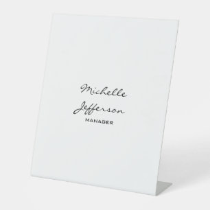 Trendy Black & White Script Manager Business Card Pedestal Sign