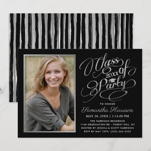 Trendy Black, White & Silver Graduation Party Invitation (Front/Back)