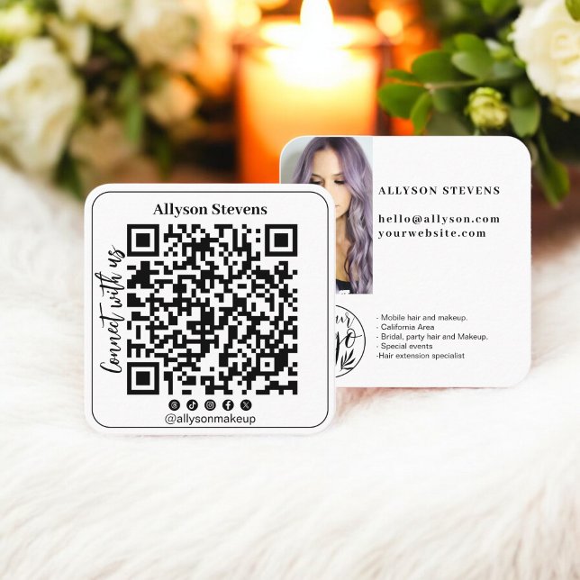 Trendy black white Social Media QR Code Photo Logo Square Business Card (Trendy black white Social Media QR Code Photo Logo Square Business Card)