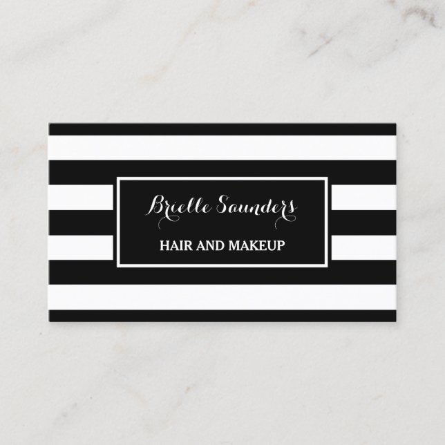 Trendy Black White Stripes Hair and Makeup Artist Business Card (Front)