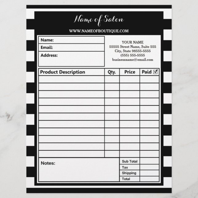 Trendy Black White Stripes Hair Salon Order Forms (Front)