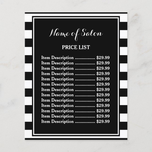 Trendy Black White Stripes Hair Salon Price List Flyer (Front)