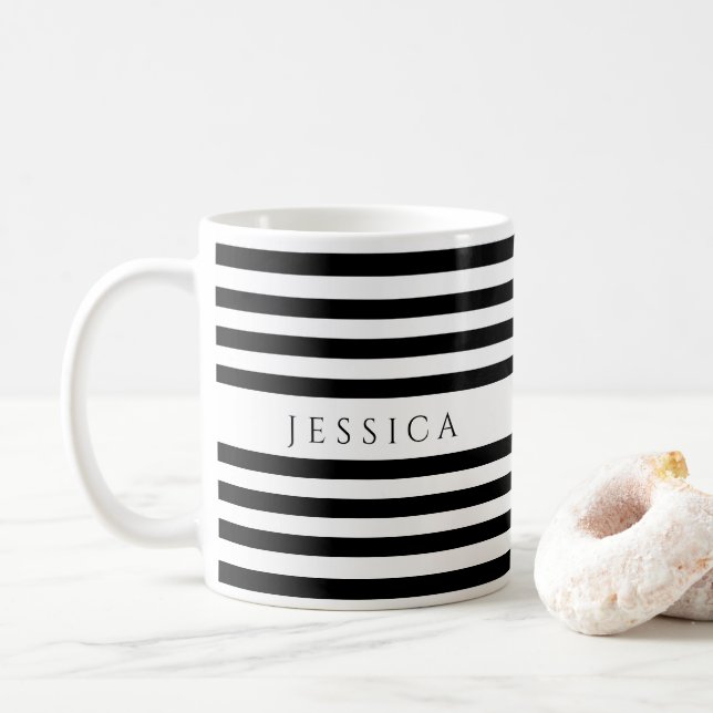 Trendy Black & White Stripes Pattern Name Coffee M Mug (With Donut)