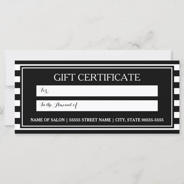 Trendy Black White Stripes Salon Gift Certificate (Front)