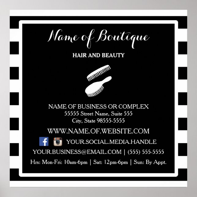 Trendy Black White Stripes Salon Information Sign (Front)