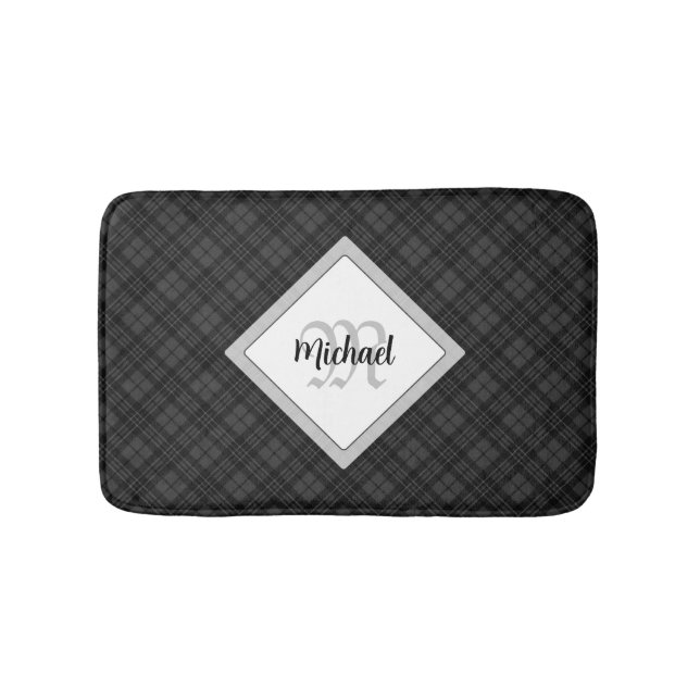 Trendy Black white tartan Personalise Monogram Bath Mat (Front)