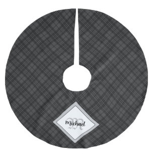 Trendy Black white tartan Personalise Monogram Brushed Polyester Tree Skirt