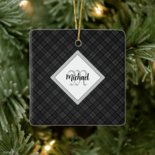 Trendy Black white tartan Personalise Monogram Ceramic Ornament