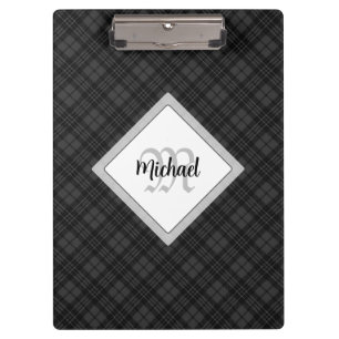 Trendy Black white tartan Personalise Monogram Clipboard