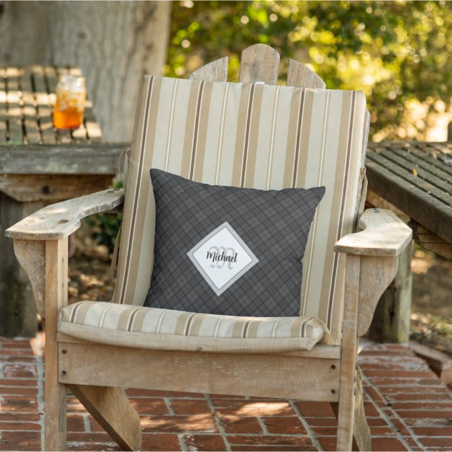 Trendy Black white tartan Personalise Monogram Cushion (Chair)