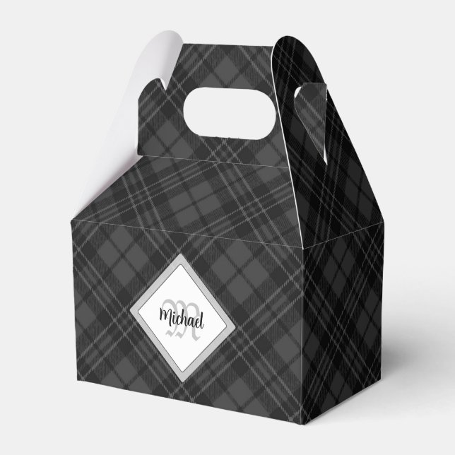 Trendy Black white tartan Personalise Monogram Favour Box (Front Side)