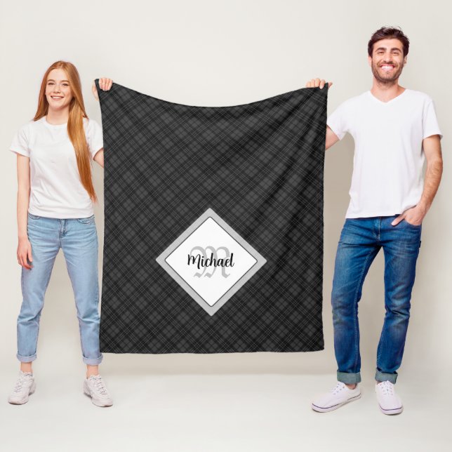 Trendy Black white tartan Personalise Monogram Fleece Blanket (In Situ)