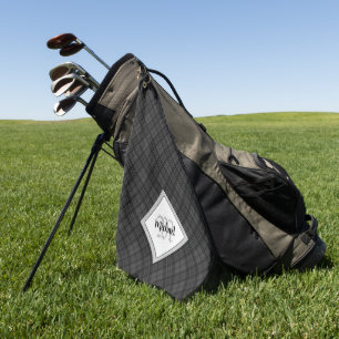 Trendy Black white tartan Personalise Monogram Golf Towel