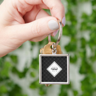 Trendy Black white tartan Personalise Monogram Key Ring