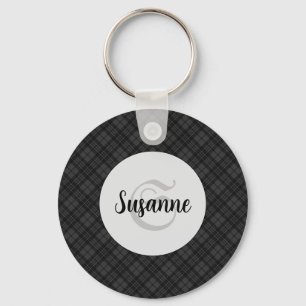 Trendy Black white tartan Personalise Monogram Key Ring