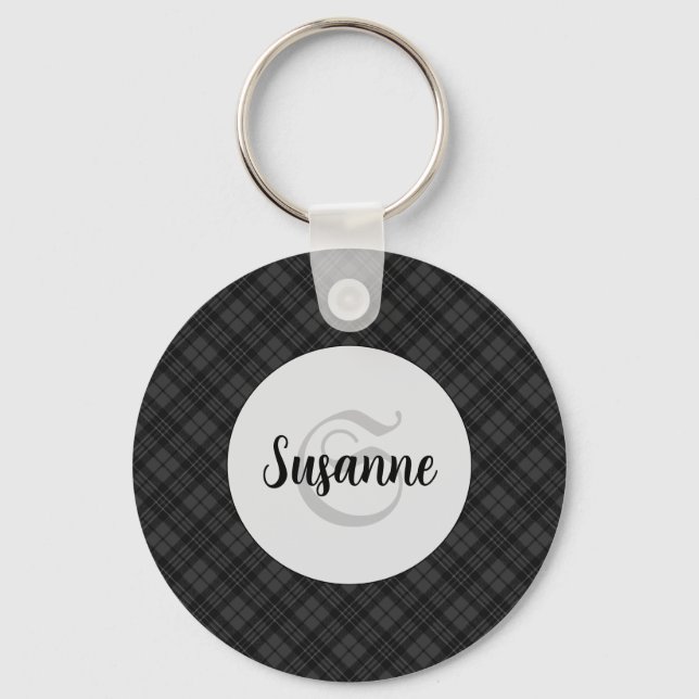 Trendy Black white tartan Personalise Monogram Key Ring (Front)