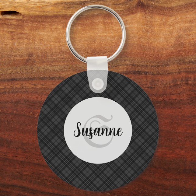 Trendy Black white tartan Personalise Monogram Key Ring (Front)