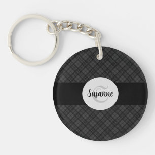 Trendy Black white tartan Personalise Monogram Key Ring