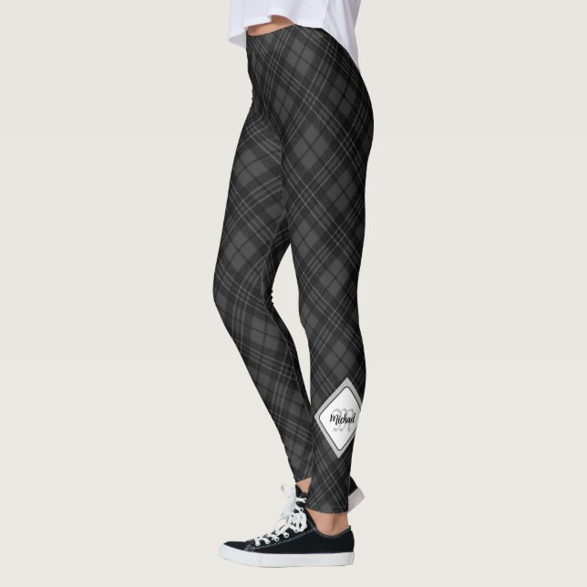 Trendy Black white tartan Personalise Monogram Leggings (Left)