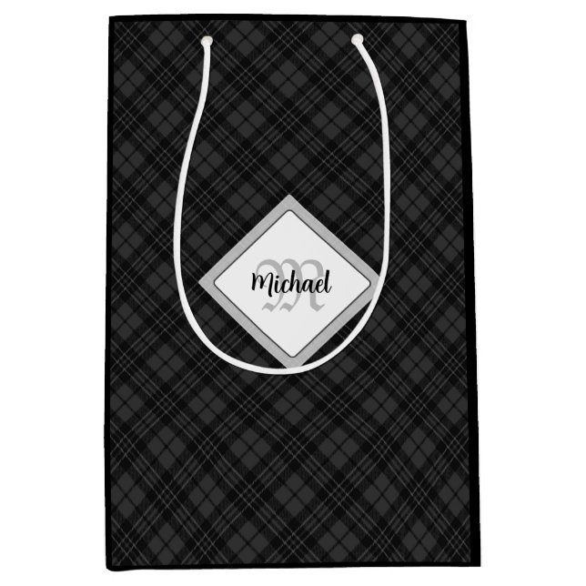 Trendy Black white tartan Personalise Monogram Medium Gift Bag (Front)