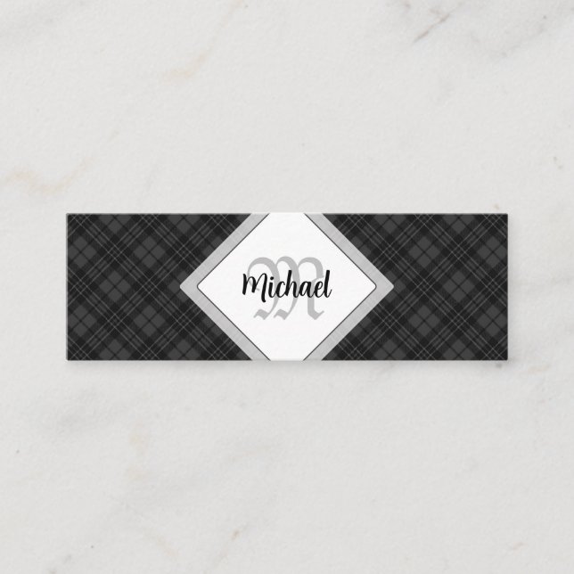 Trendy Black white tartan Personalise Monogram Mini Business Card (Front)