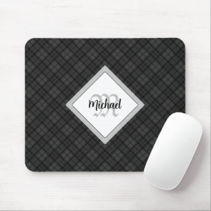 Trendy Black white tartan Personalise Monogram Mouse Mat