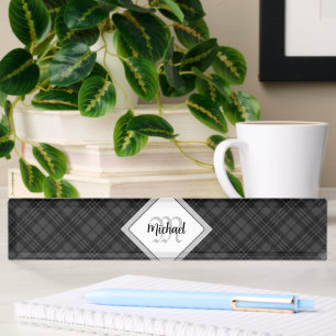 Trendy Black white tartan Personalise Monogram Nameplate
