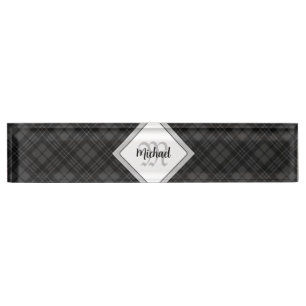 Trendy Black white tartan Personalise Monogram Nameplate