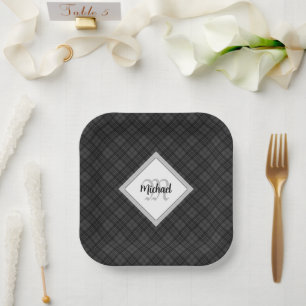 Trendy Black white tartan Personalise Monogram Paper Plate