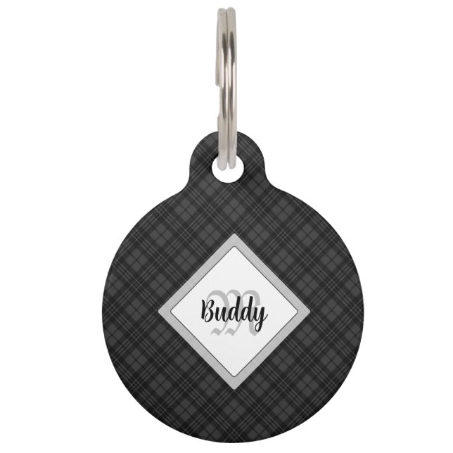 Trendy Black white tartan Personalise Monogram Pet Tag (Front)