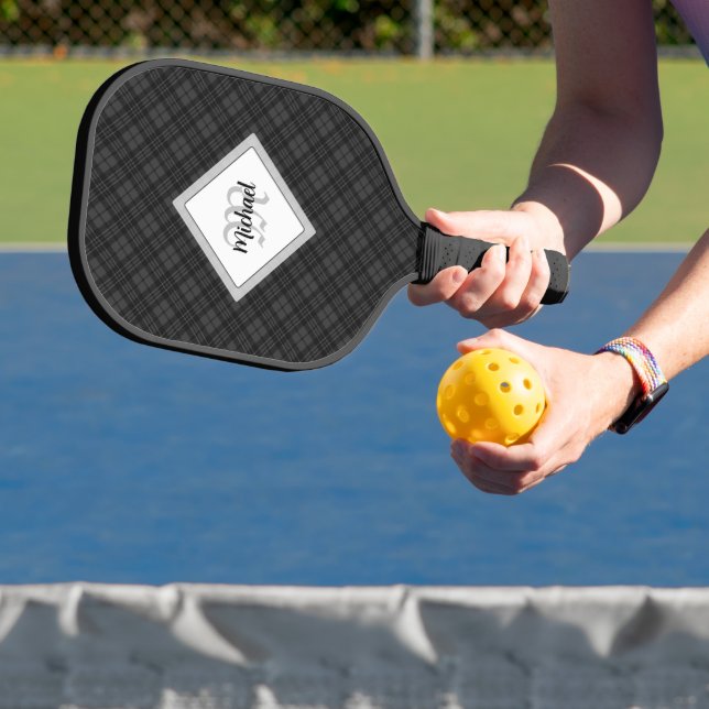 Trendy Black white tartan Personalise Monogram Pickleball Paddle (Insitu)