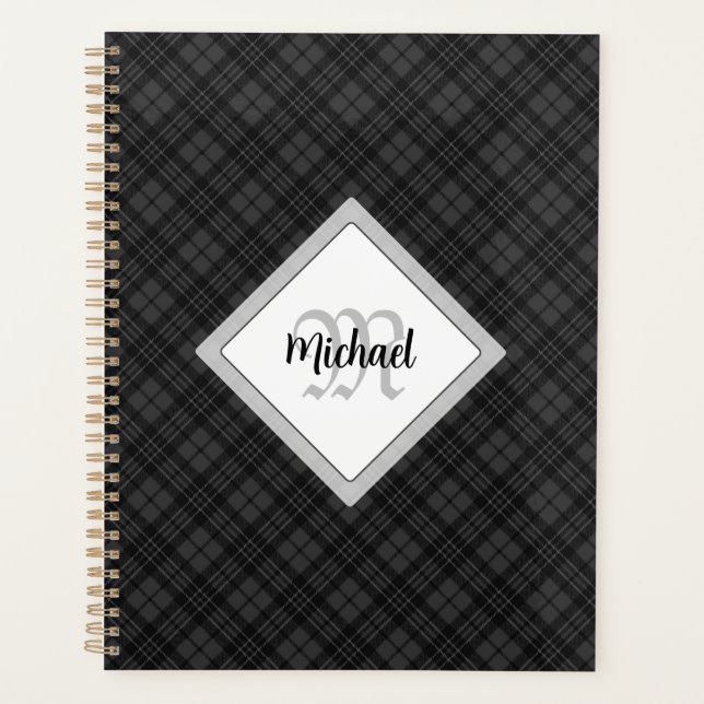 Trendy Black white tartan Personalise Monogram Planner (Front)