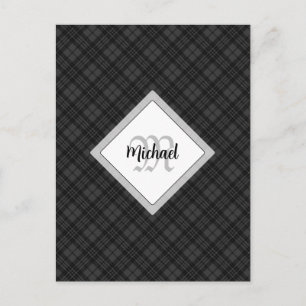Trendy Black white tartan Personalise Monogram Postcard