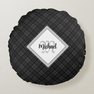 Trendy Black white tartan Personalise Monogram Round Cushion