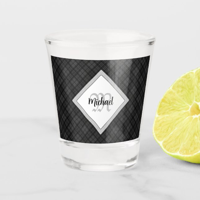 Trendy Black white tartan Personalise Monogram Shot Glass (Front)