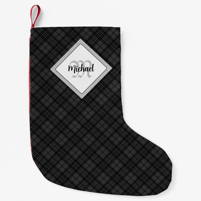 Trendy Black white tartan Personalise Monogram Small Christmas Stocking (Front)