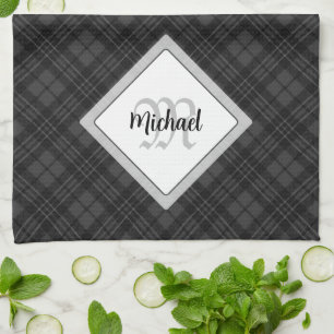 Trendy Black white tartan Personalise Monogram Tea Towel