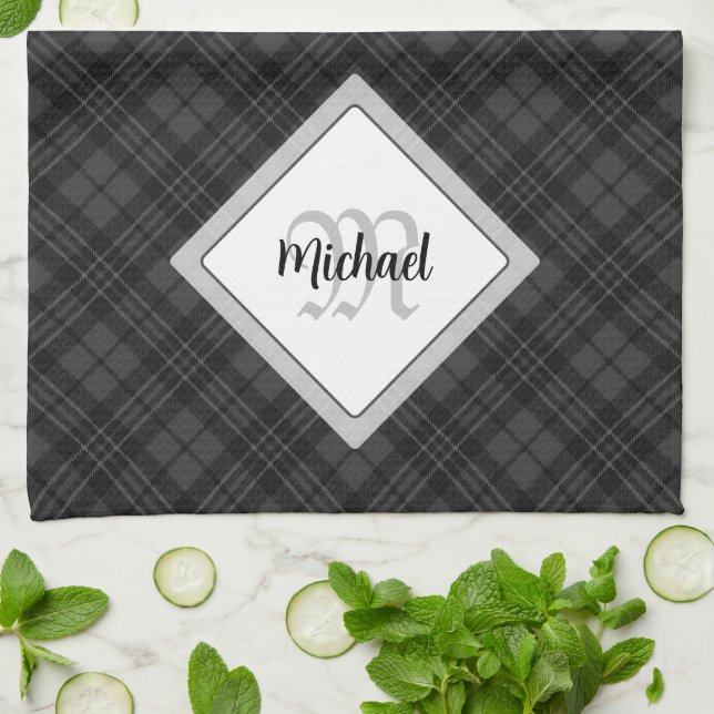 Trendy Black white tartan Personalise Monogram Tea Towel (Folded)