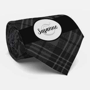 Trendy Black white tartan Personalise Monogram Tie