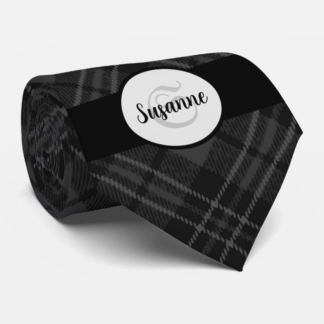 Trendy Black white tartan Personalise Monogram Tie (Rolled)