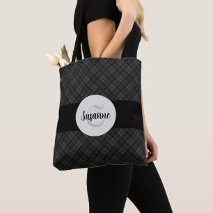 Trendy Black white tartan Personalise Monogram Tote Bag