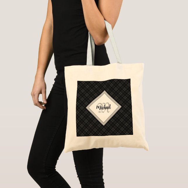 Trendy Black white tartan Personalise Monogram Tote Bag (Front (Product))
