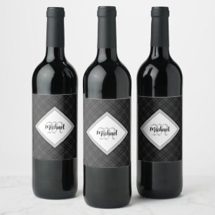 Trendy Black white tartan Personalise Monogram Wine Label