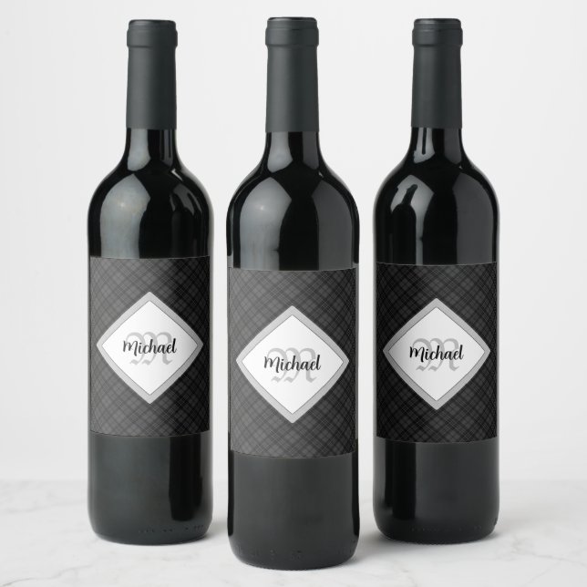Trendy Black white tartan Personalise Monogram Wine Label (Bottles)