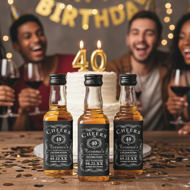 Trendy Black & White Typography Birthday Party Liquor Bottle Label (Creator Uploaded)