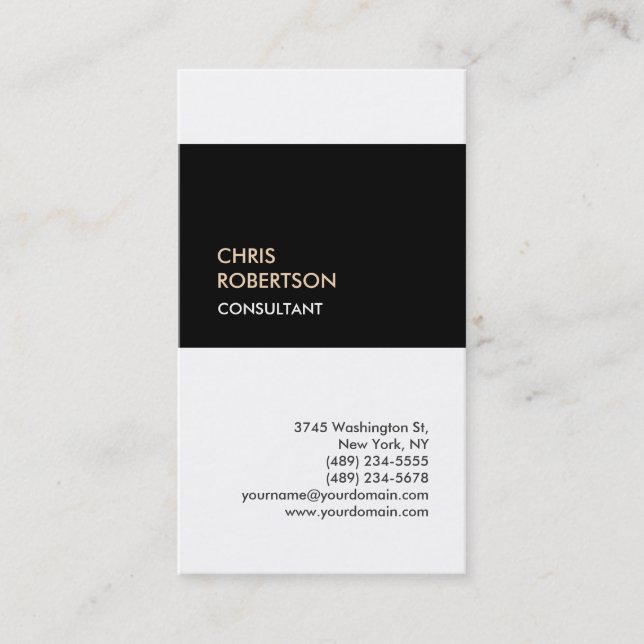 Trendy black white vertical unique business card (Front)