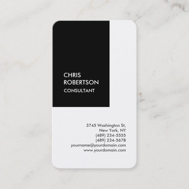 Trendy black white vertical unique business card (Front)
