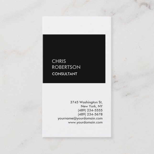 Trendy black white vertical unique business card (Front)
