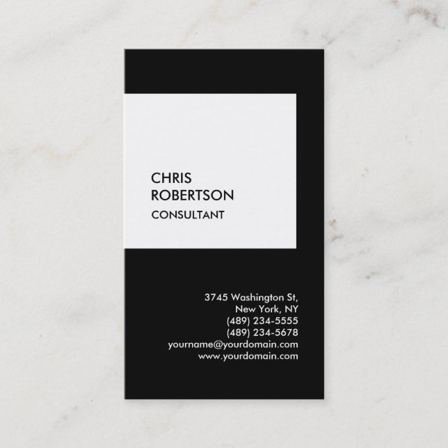 Trendy black white vertical unique business card (Front)