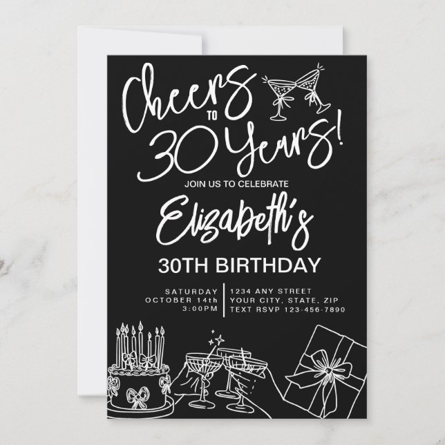 Trendy Black & White Whimsical 30th Birthday Invitation (Front)